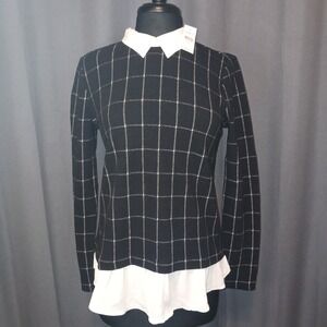 LOFT Black NWT Window pane Plaid Shirt Top Sweater Layered Peter Pan Collar S